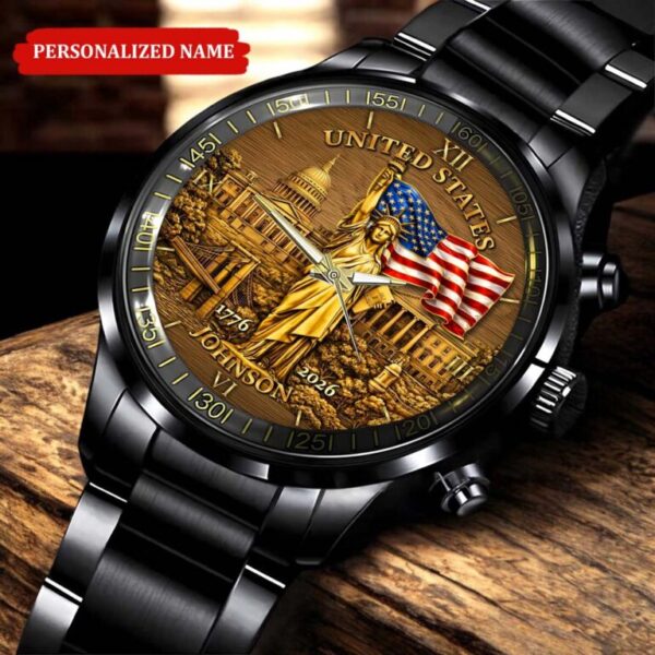 Alternative view of Personalized America 250th Anniversary Black Stainless Steel Watch