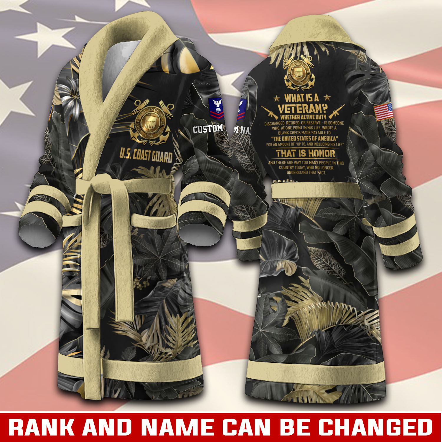 Personalized Veteran Tropical Camo Custom Rank & Name Bathrobe - Image 4