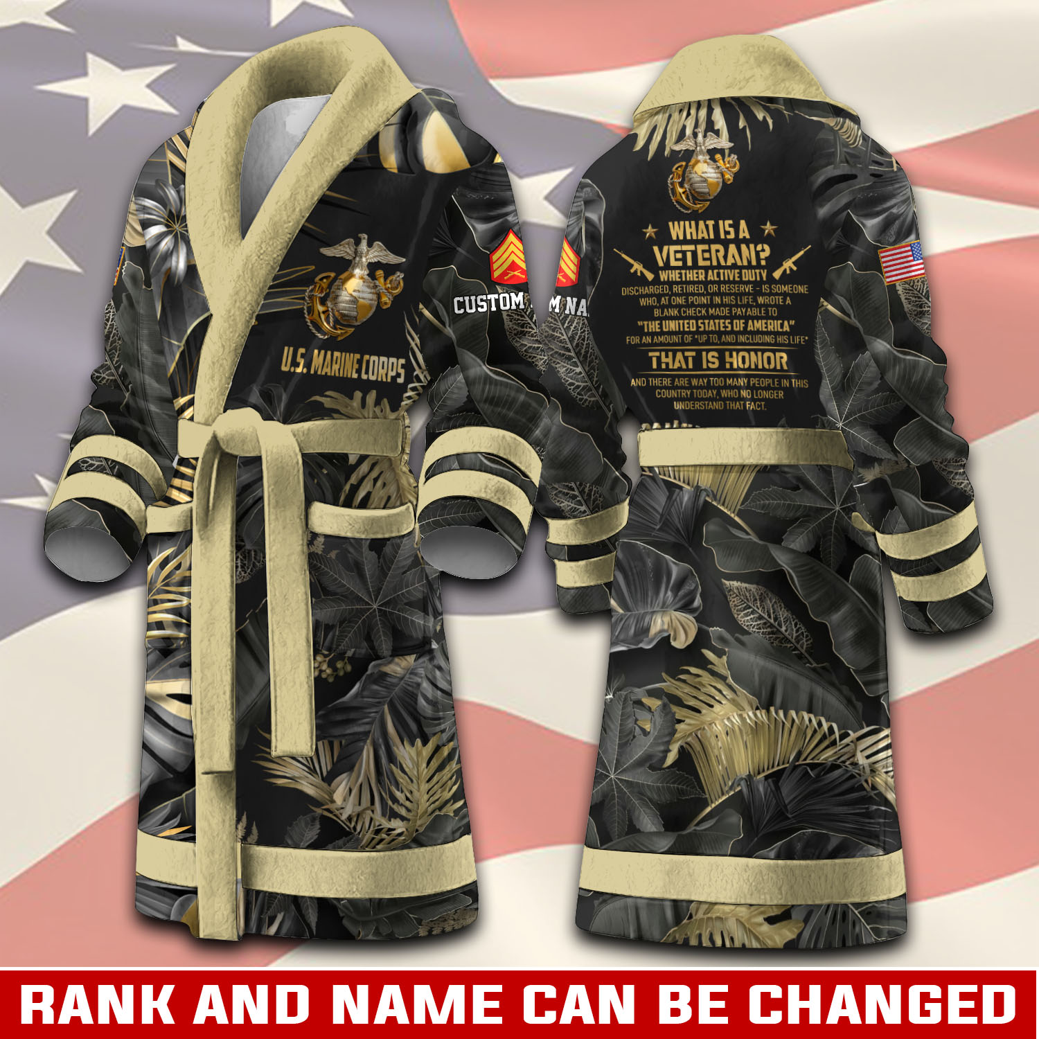 Personalized Veteran Tropical Camo Custom Rank & Name Bathrobe - Image 3