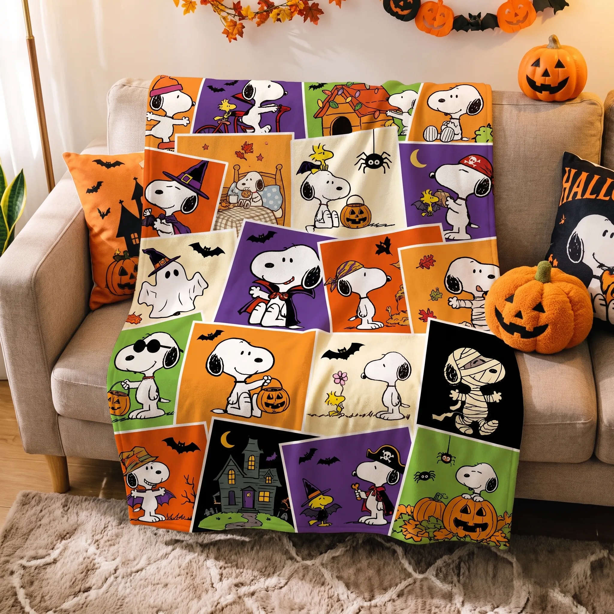 Snoopy Trick Or Treat Patchwork Halloween Quilt Blanket-THK132988