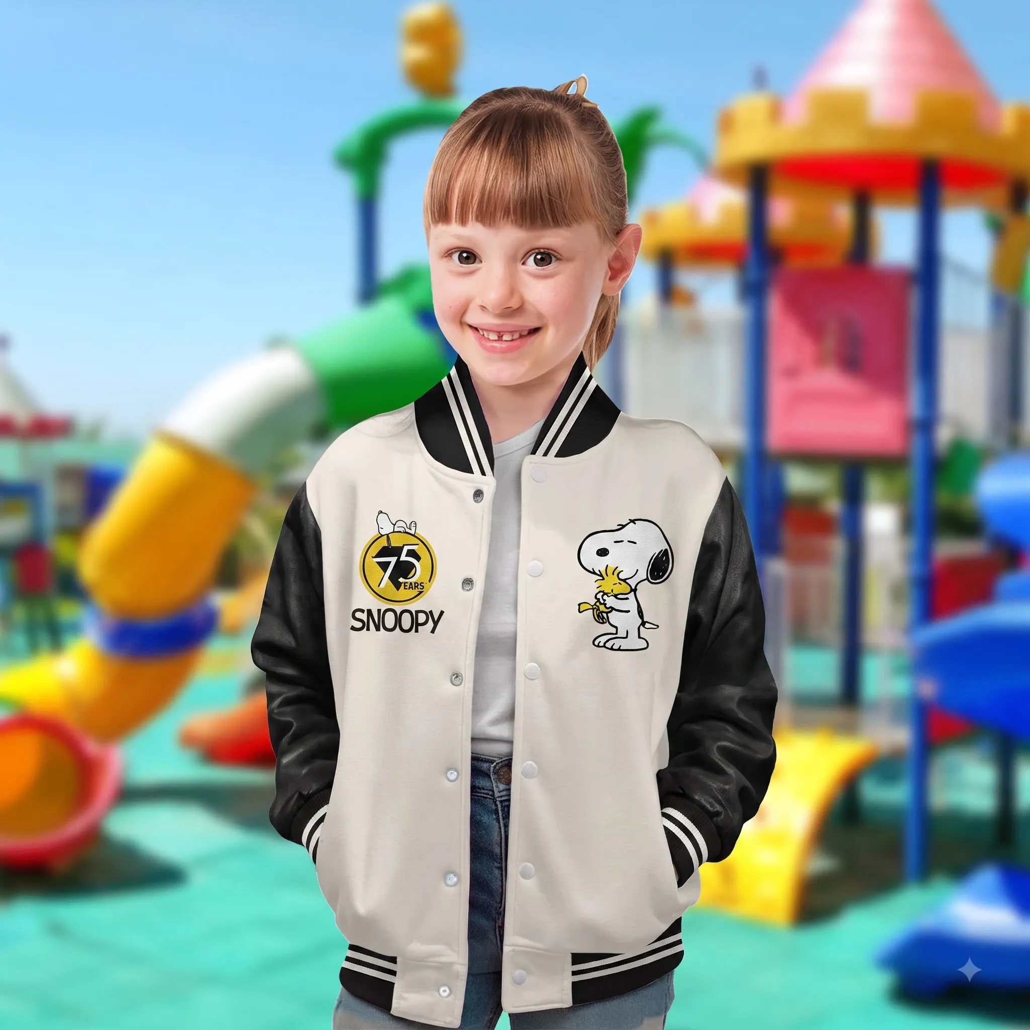 Peanuts Snoopy 75th Anniversary 1950-2025 Quilted Varsity Jacket - Image 4