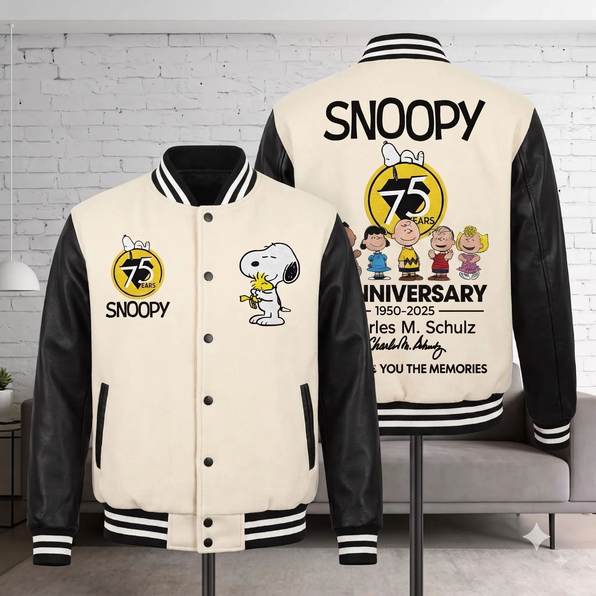 Peanuts Snoopy 75th Anniversary 1950-2025 Quilted Varsity Jacket