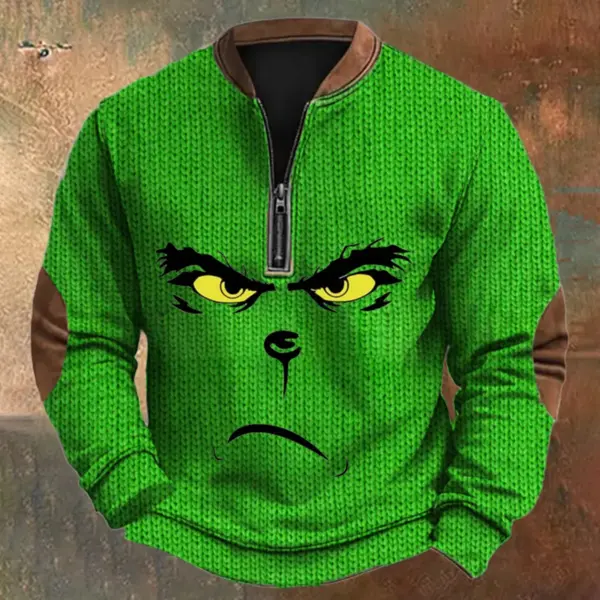 Grinch Face 3D Knit Half-Zip Sweater-THK135328