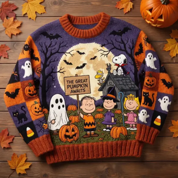 Peanuts The Great Pumpkin Awaits Halloween Ugly Sweater-THK134698