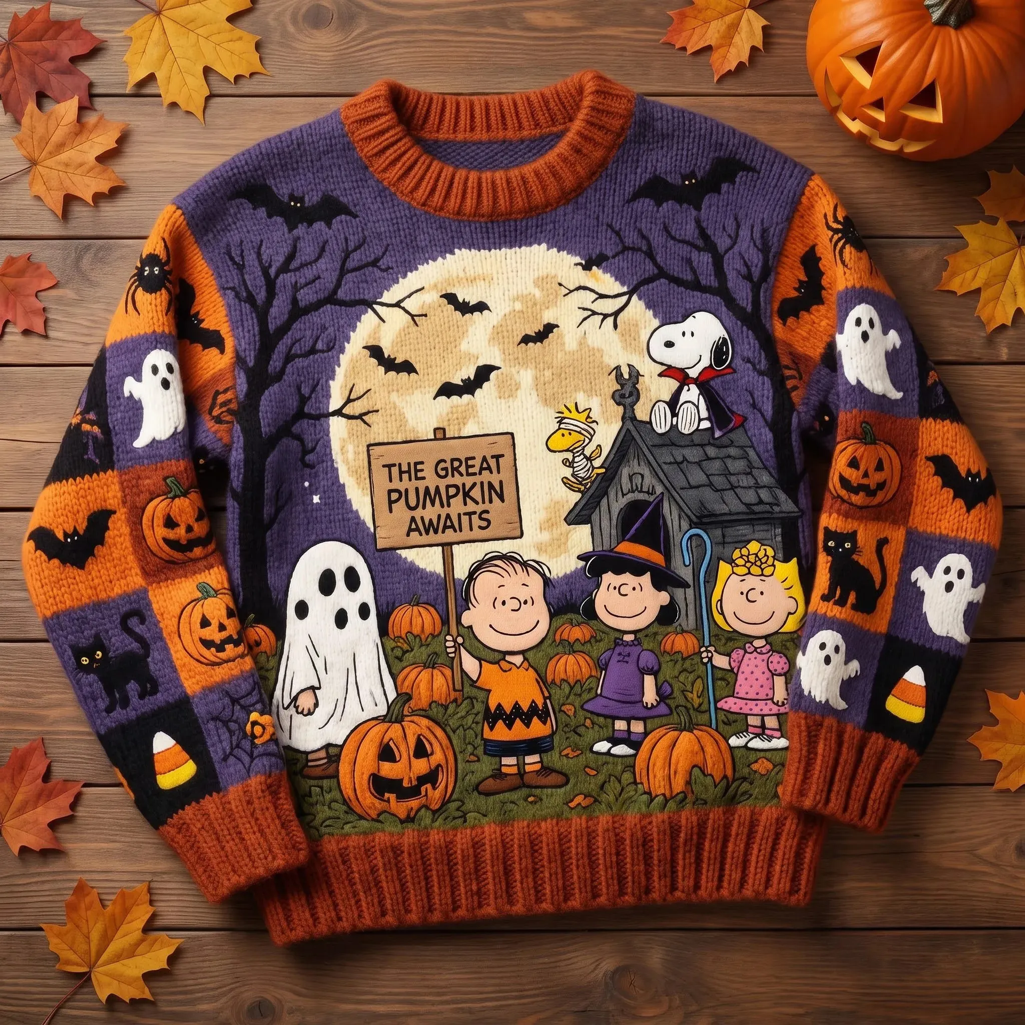 Peanuts The Great Pumpkin Awaits Halloween Ugly Sweater-THK134698