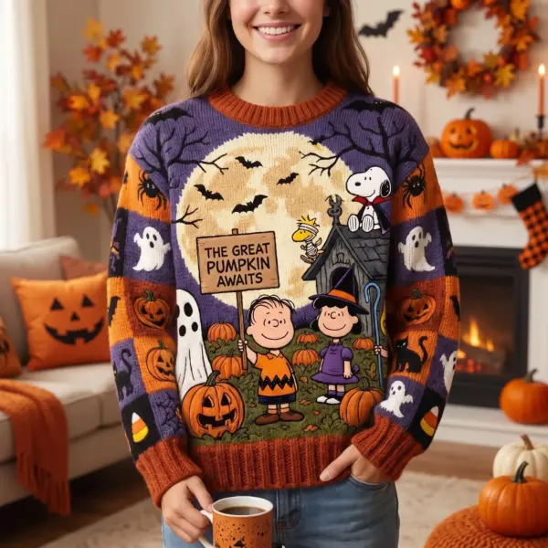 Alternative view of Peanuts The Great Pumpkin Awaits Halloween Ugly Sweater-THK134698