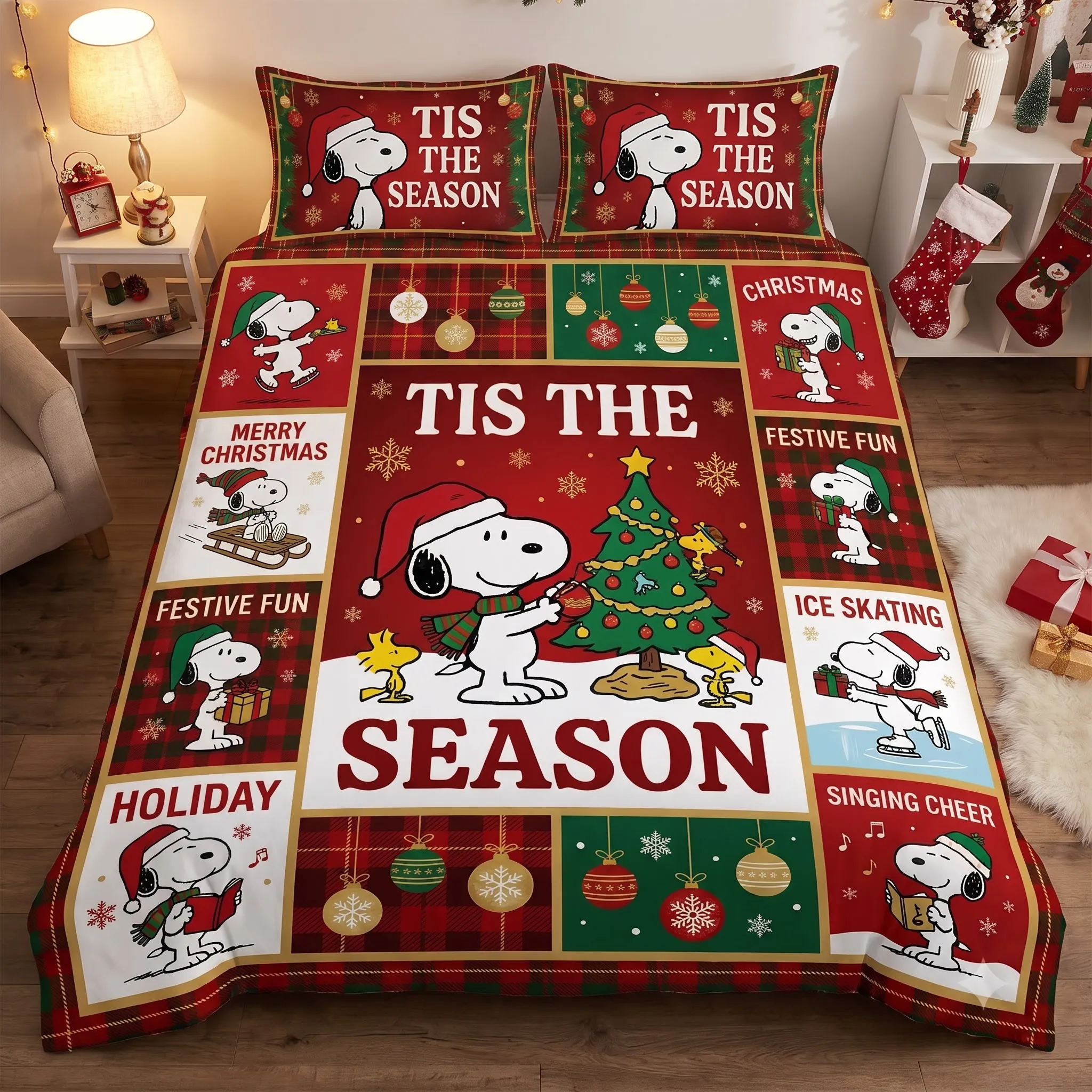 Festive Snoopy 'Tis The Season Holiday Quilt Bedding Set - Image 2