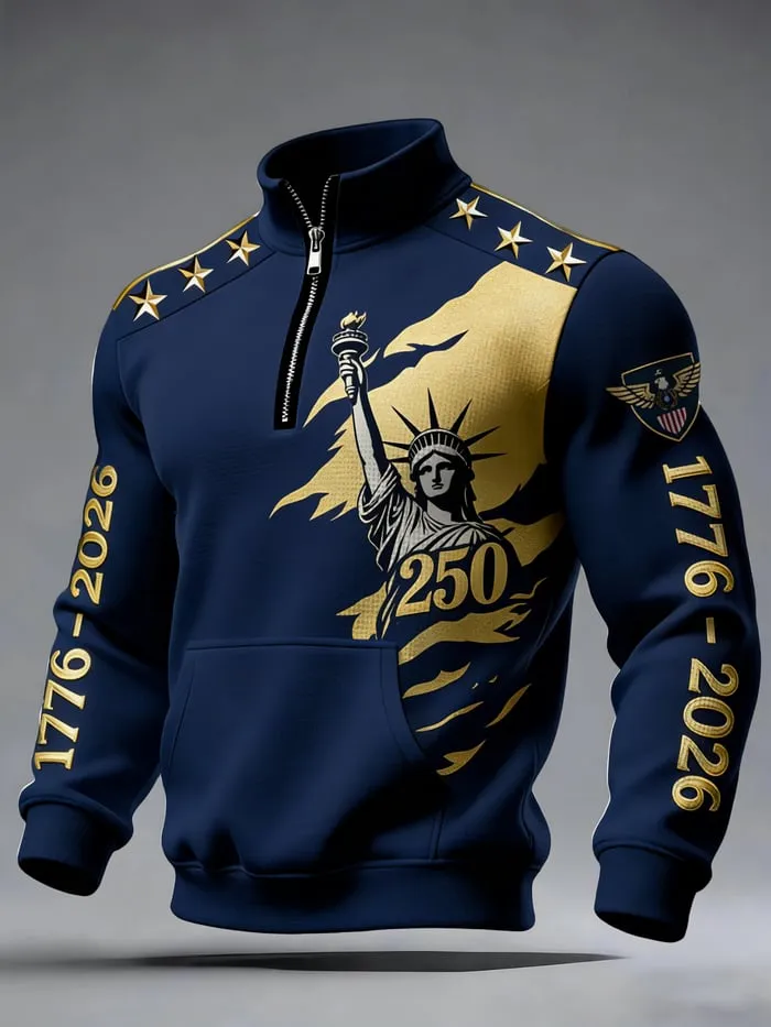 American 250th Anniversary 3D Stand Collar Zip Waffle Sweatshirt - THK122298