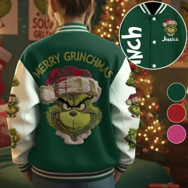 Personalized Grinch Christmas Quilted Varsity Jacket-THK136660
