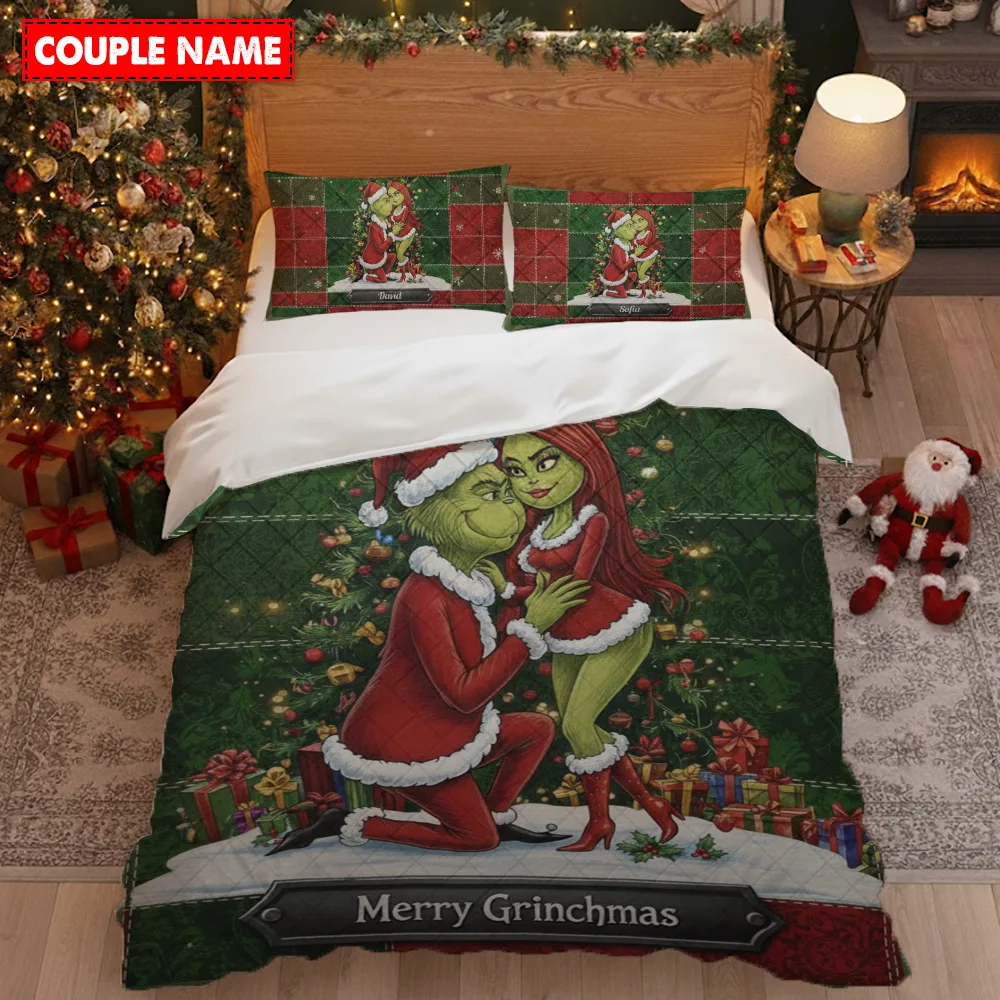 Personalized Merry Grinchmas Couple Bedding Set - Image 2