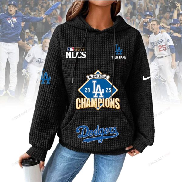 Personalized Los Angeles Dodgers Women's Thick Waffle Knit Hoodie - Image 8