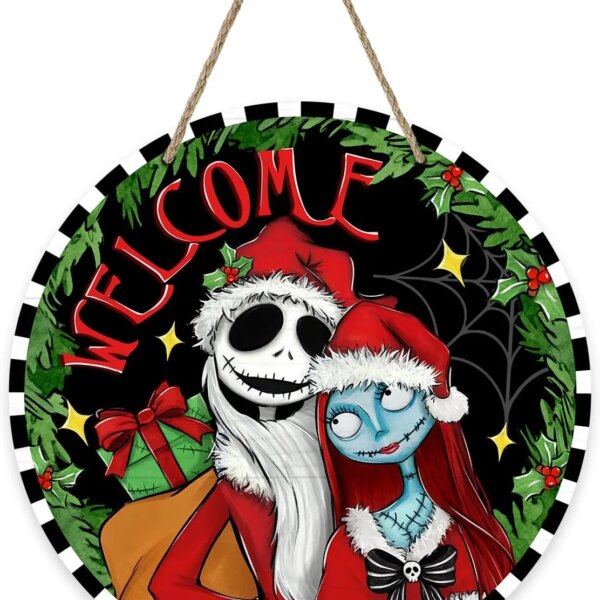 Welcome Christmas Jack And Sally Custom Shape Wood Sign Hanging - Image 3