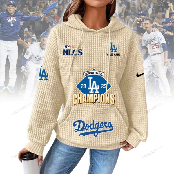 Personalized Los Angeles Dodgers Women's Thick Waffle Knit Hoodie - Image 6