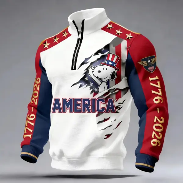 Snoopy 250 Years of America 3D Stand Collar Zip Waffle Sweatshirt - THK132211