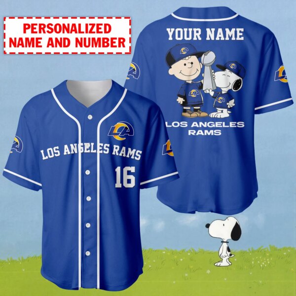 Personalized Name And Number Charlie Brown And Snoopy Los Angeles Rams - NFL Super Bowl Champions Baseball Jersey