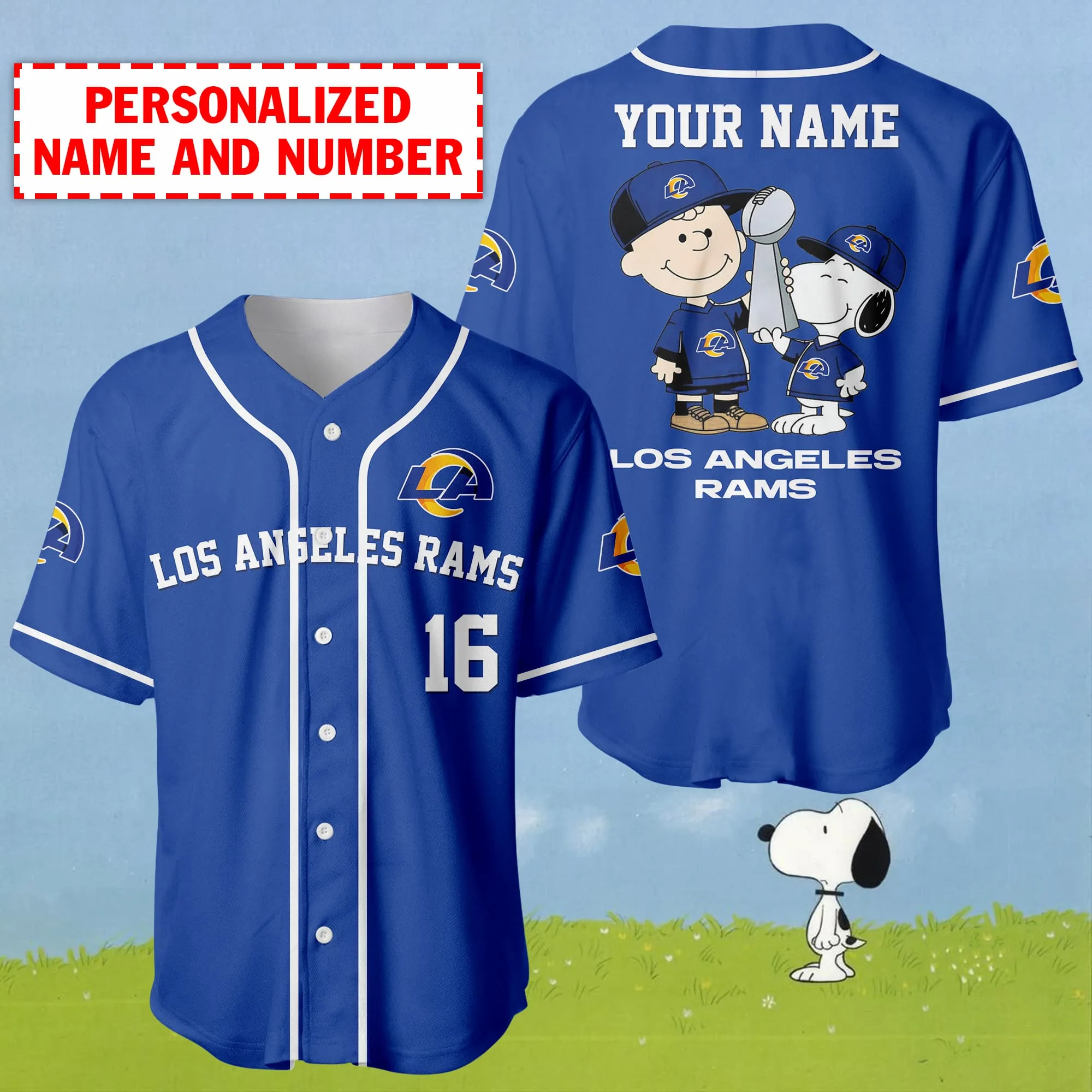 Personalized Name And Number Charlie Brown And Snoopy Los Angeles Rams - NFL Super Bowl Champions Baseball Jersey