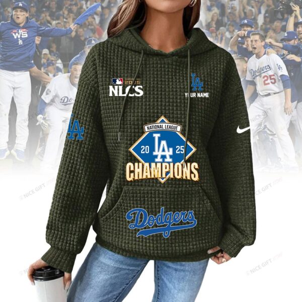 Personalized Los Angeles Dodgers Women's Thick Waffle Knit Hoodie - Image 4