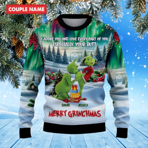 Alternative view of Personalized Naughty Grinchmas Green Monster Grinch Couple Christmas Knitted Sweater