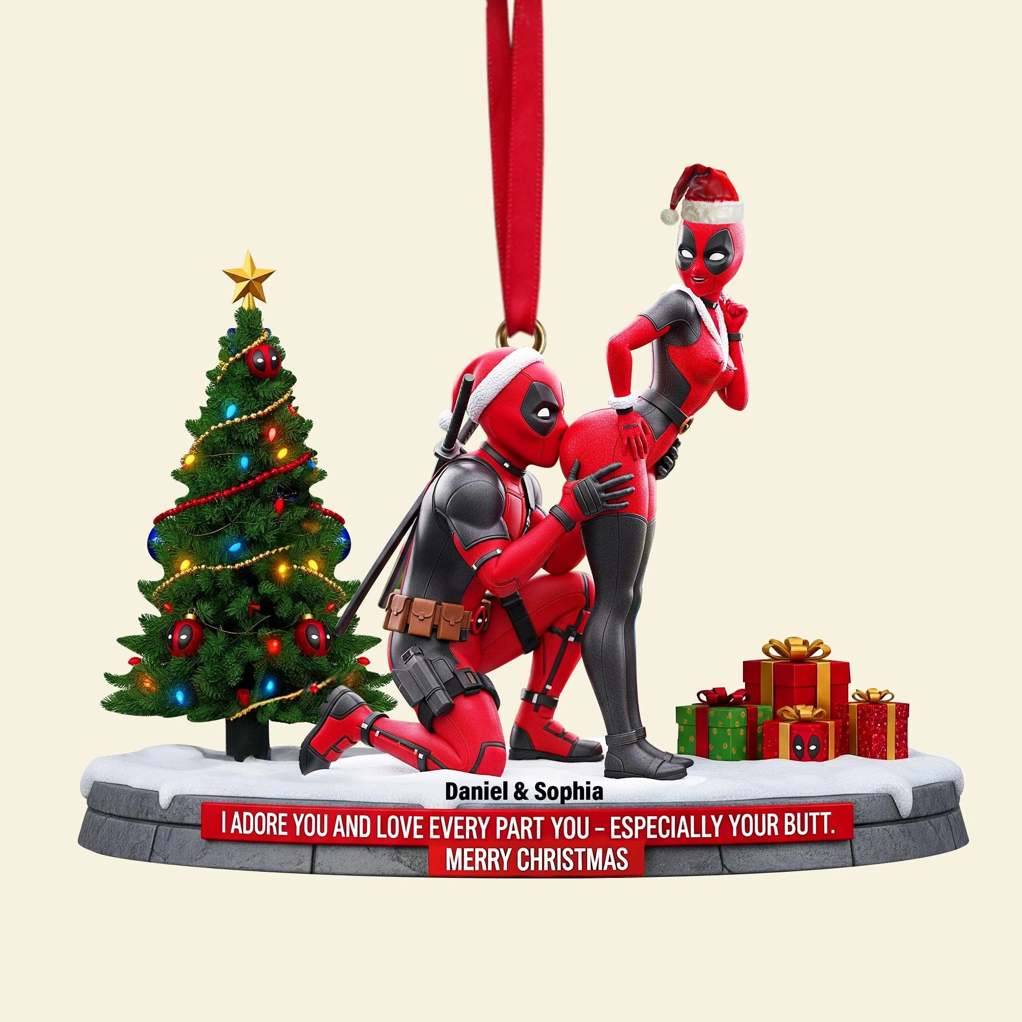 Personalized Funny Red Masked Couple Ornament - Image 4