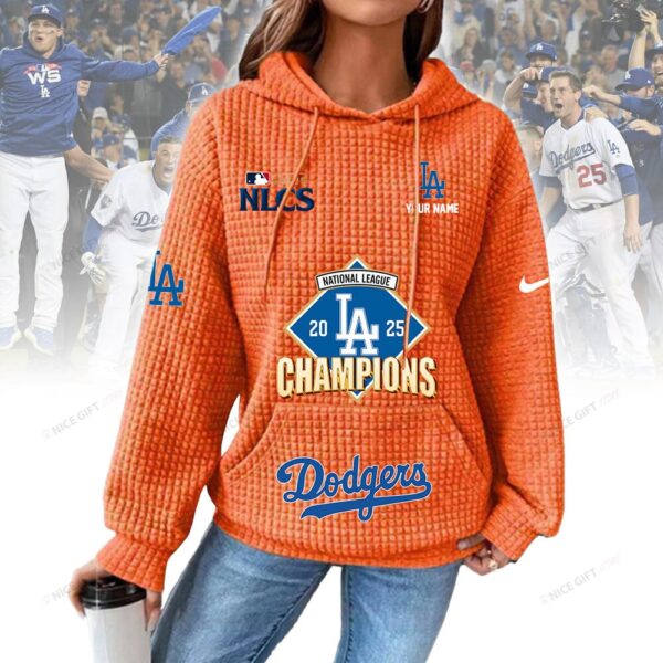 Personalized Los Angeles Dodgers Women's Thick Waffle Knit Hoodie - Image 9