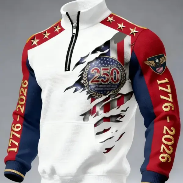 American 250th Anniversary 3D Stand Collar Zip Waffle Sweatshirt