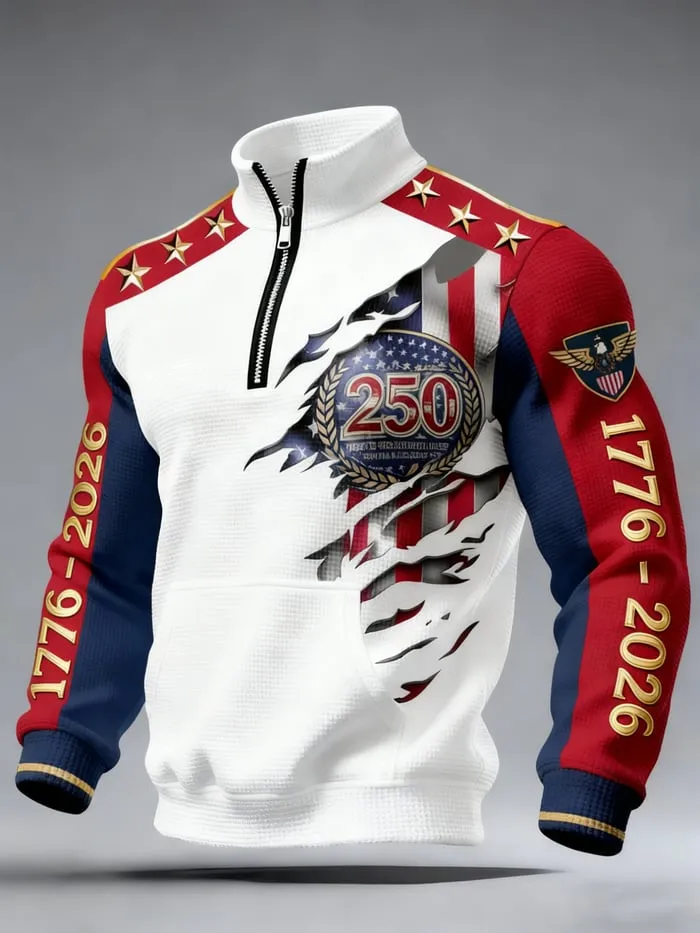 American 250th Anniversary 3D Stand Collar Zip Waffle Sweatshirt