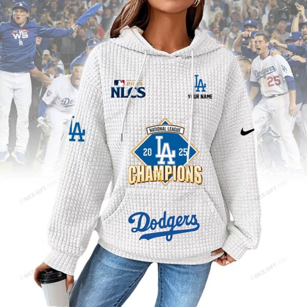 Personalized Los Angeles Dodgers Women's Thick Waffle Knit Hoodie - Image 5
