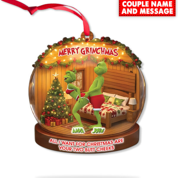 Personalized Green Monster Couple All I Want For Christmas Are Your Two Bt Cheeks Christmas Ornament - Image 6