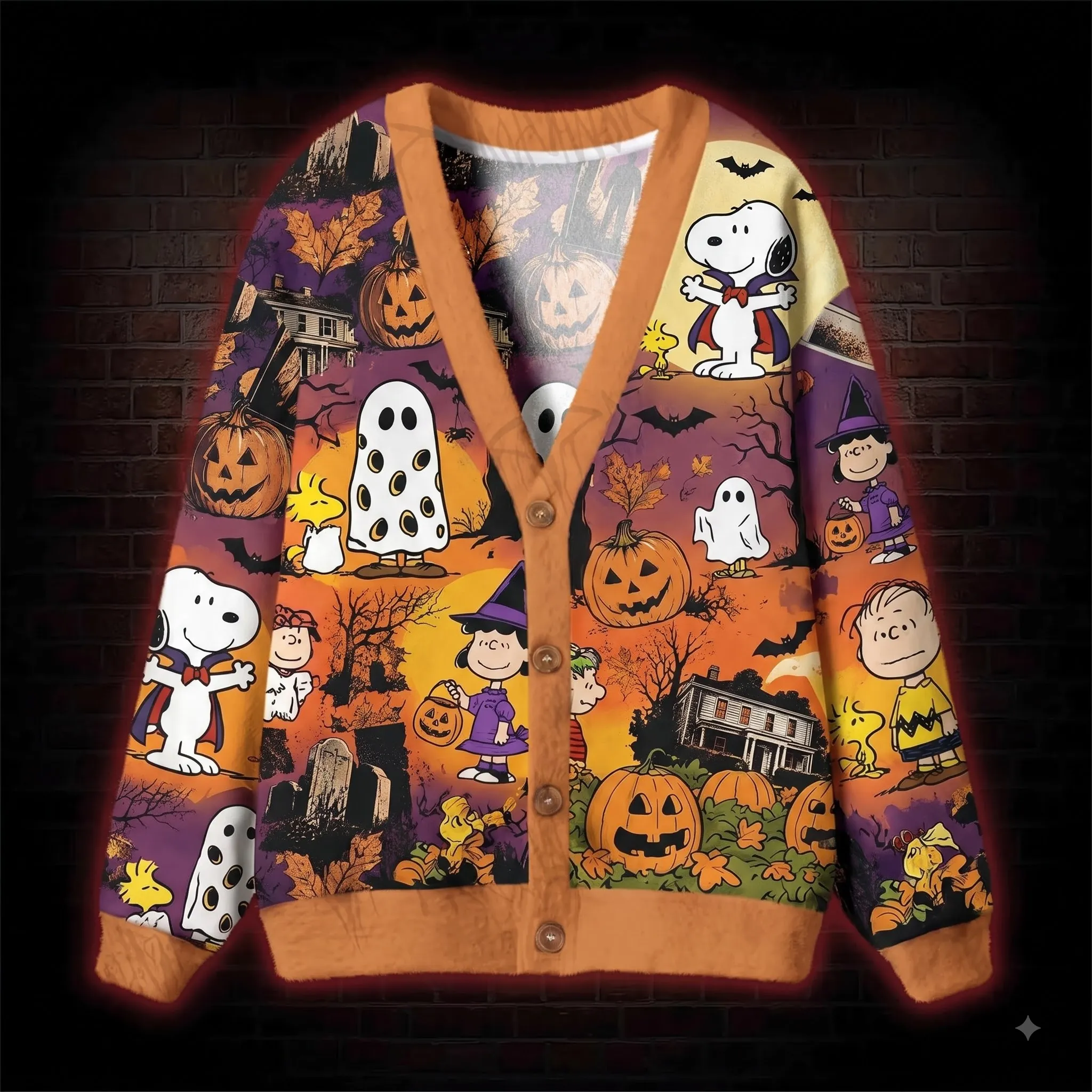 Vintage Peanuts Spooky Graveyard Autumn 3D Ugly Cardigan-THK135594