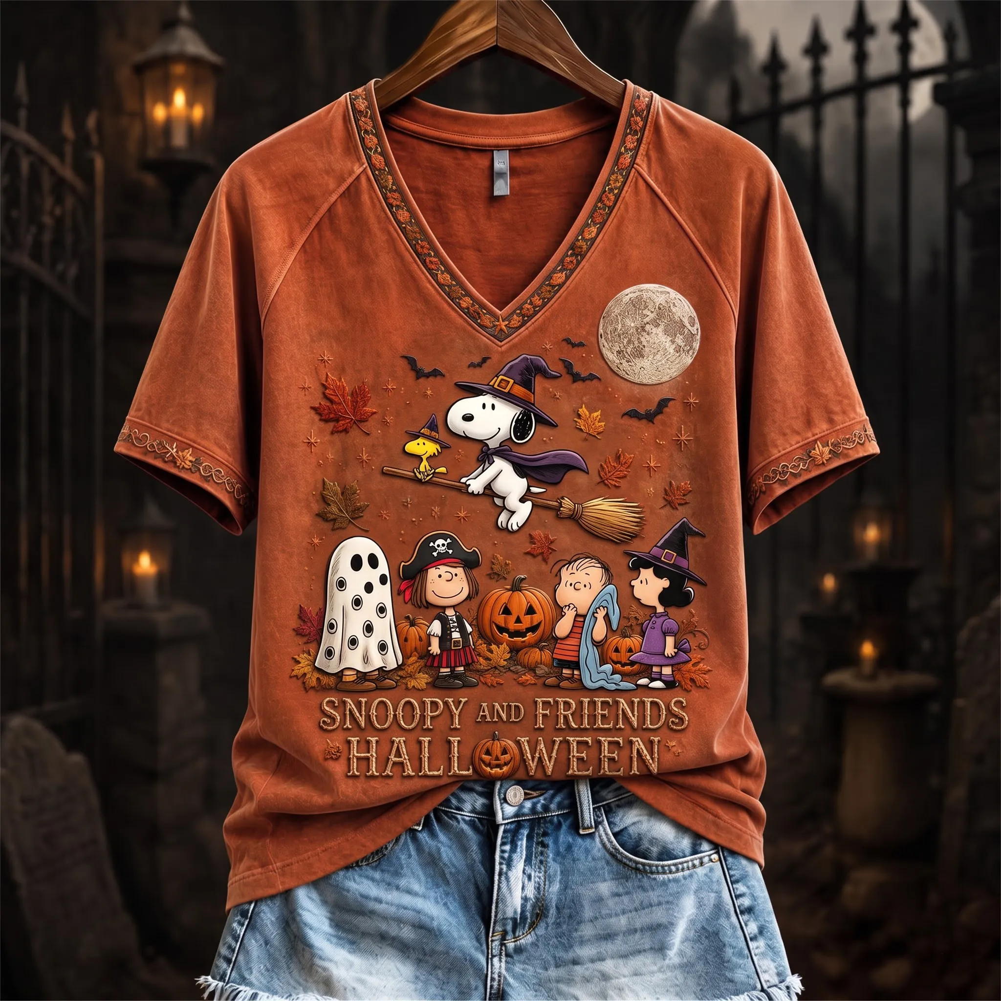 Peanuts Gang Halloween Autumn V-Neck Shirt-THK135602