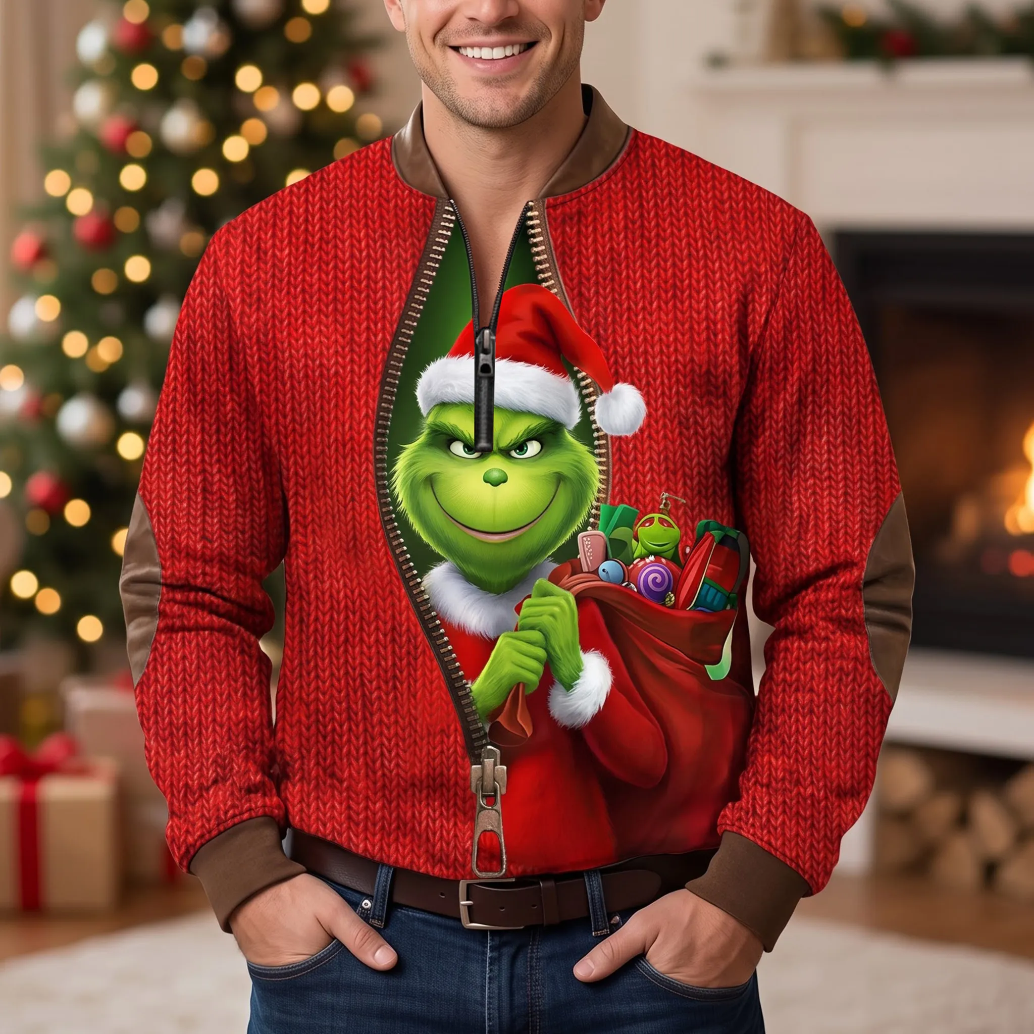 Grinch Christmas 3D Knit Half-Zip Sweater-THK135701