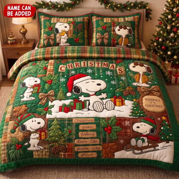 Suddenly It's Christmas Snoopy Custom Name Retro Quilt Bedding Set