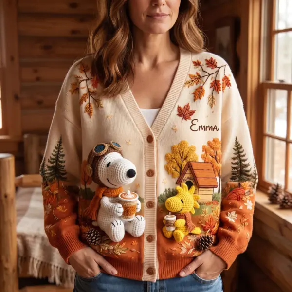 Alternative view of Personalized Snoopy & Woodstock Autumn 3D Ugly Cardigan-THK135704