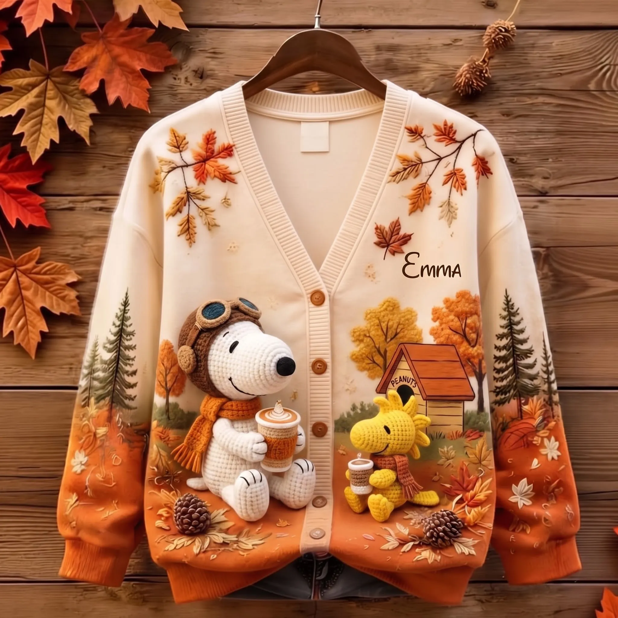 Personalized Snoopy & Woodstock Autumn 3D Ugly Cardigan-THK135704