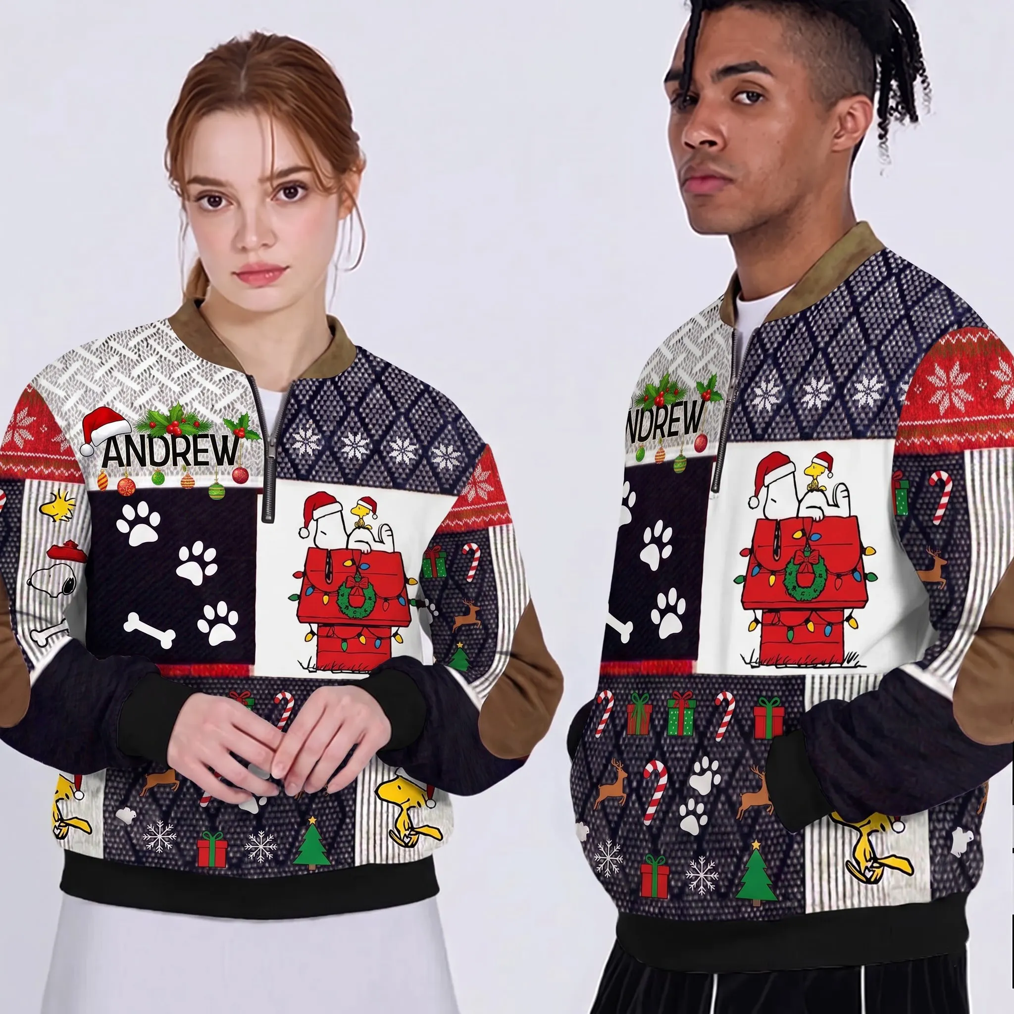 Snoopy Christmas 3D Knit Half-Zip Sweater-THK135849 - Image 2