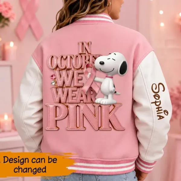 Personalized We Wear Pink Snoopy Quilted Varsity Jacket