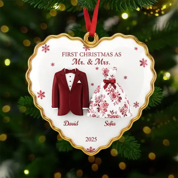 Alternative view of Personalized Bride and Groom Toile de Jouy, First Christmas Married 2025 Ornament