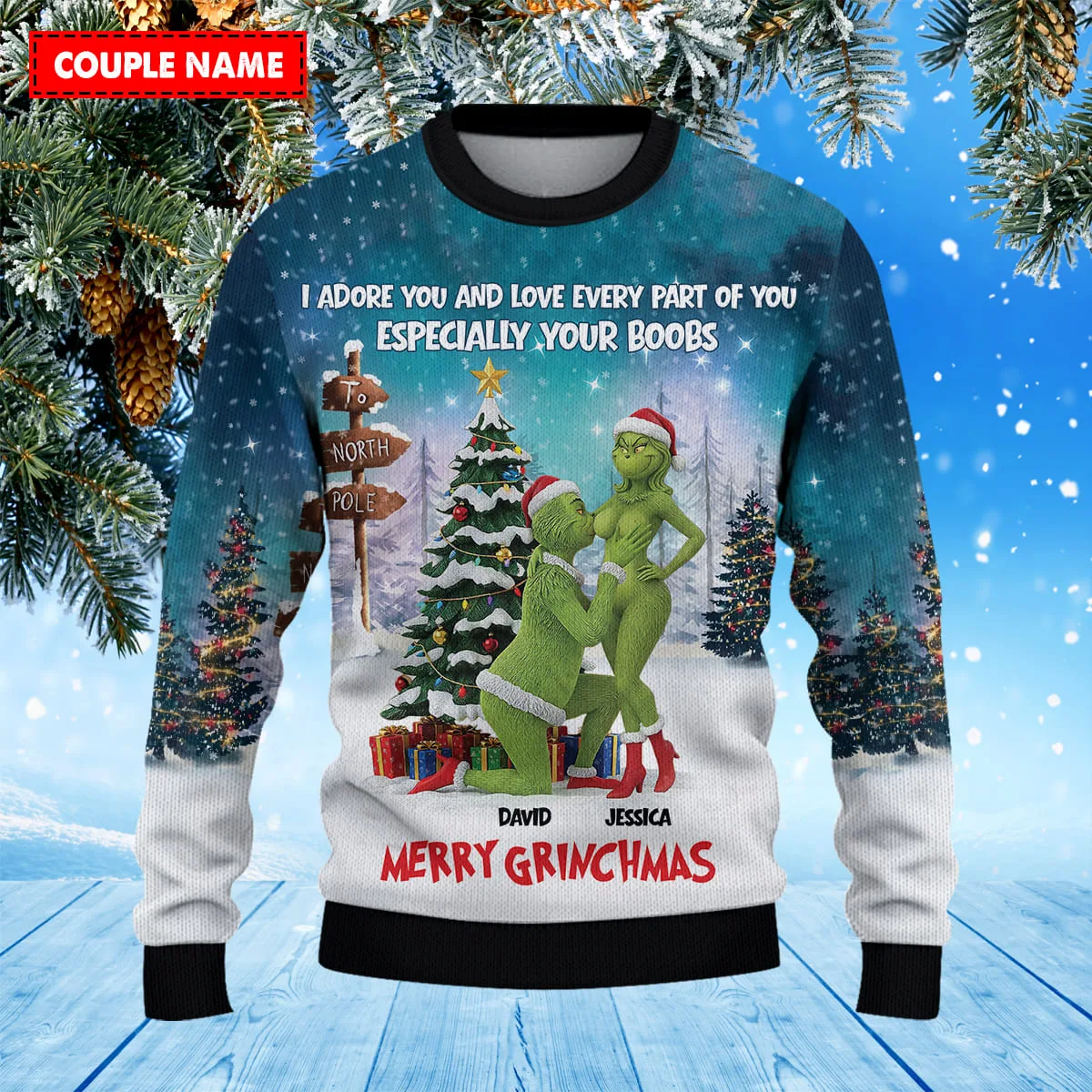 Personalized Grinch Couple Christmas Knitted Sweater - Image 2