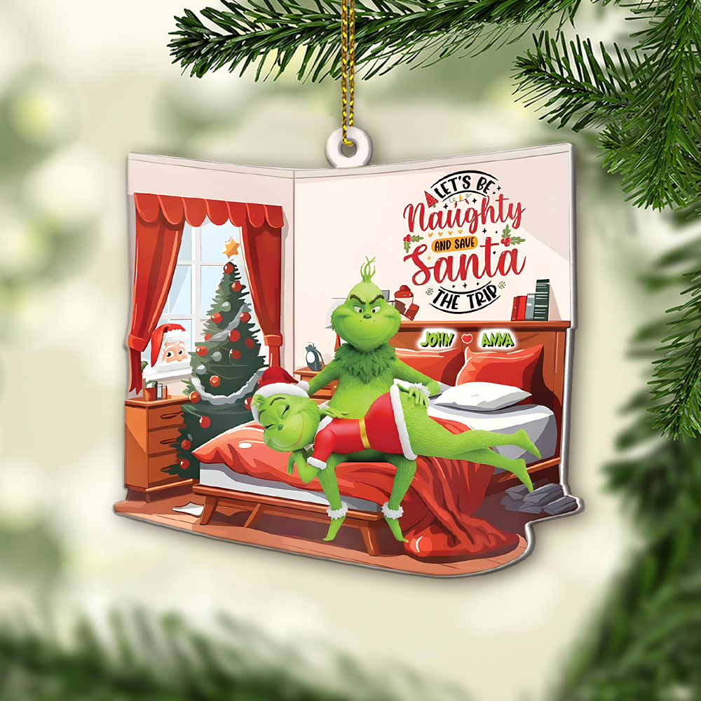 Personalized Green Monster Couple Let's Be Naughty And Save Santa The Trip Christmas Ornament - Image 2