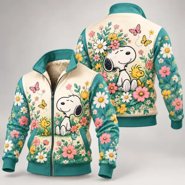 Snoopy Floral Garden Thick Knit Fleece Jacket